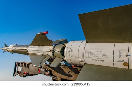 BELGADE, SERBIA - September 2, 2012: Russian V-600 Surface To Air Missiles On  S-125 Quadruple Launcher. This Missile System Was Designed By Aleksei Isaev And Have Operational Range Of 35 Kilometres.