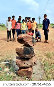 Belgaum, Karnataka, India - Nov 7, 2021: A Few Indian Village Boys Are Playing Gully Cricket.