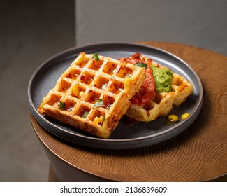 Belgian Cheese Waffles With Guacamole, Tomato And Syrup