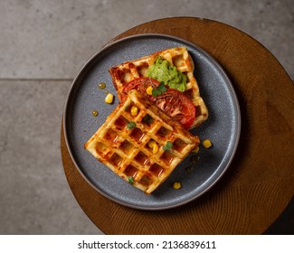 Belgian Cheese Waffles With Guacamole, Tomato And Syrup