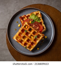 Belgian Cheese Waffles With Guacamole, Tomato And Syrup