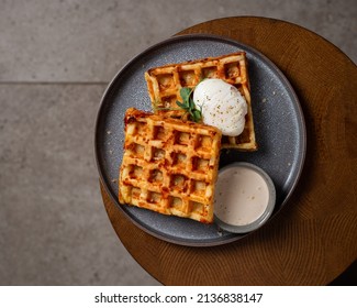 Belgian Cheese Waffles With Poached Egg And Sauce