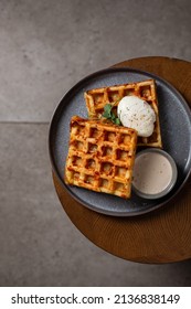 Belgian Cheese Waffles With Poached Egg And Sauce