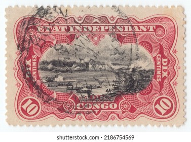 BELGIAN CONGO - CIRCA 1900: Old canceled carmine and black 10 centime postage stamp depicting river scene on the Congo, Stanley Falls