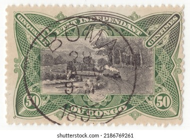 BELGIAN CONGO - CIRCA 1900: Old canceled green and black 50 centime postage stamp depicting railroad bridge on M’pozo River