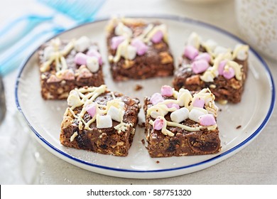 Belgian Dark Chocolate Rocky Road Squares With Pink And White Marshmallows, Icing