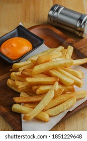 Belgian Fries. Belgium Traditional Food. French Fries With Cheese Dips On The Table. Fast Food