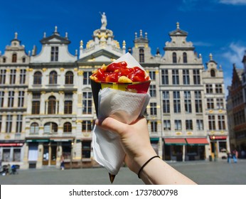 Belgian Fries or Frites Topped with Ketchup in Brussels, Belgium