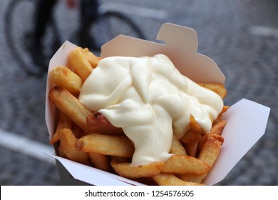 Belgian Fries With Mayo - Street Food In Amsterdam, Netherlands.