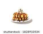 Belgian Liege Waffles With Ice Cream Ball And Chocolate Sauce On  Plate Isolated On White Background. Side View.