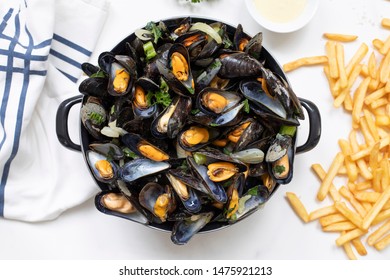 Belgian Mussels, Potato Fries Overhead View