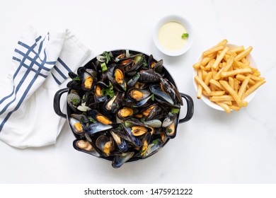 Belgian Mussels, Potato Fries Overhead View