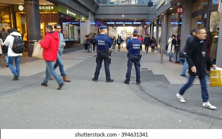 Belgian Police Patrol Guard The Center Of Brussels (Bruxelles). Brussels Jihad Terror Attack European Security, Islamic State Stock Photo Image. Belgium, January 2016