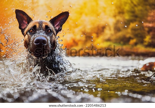Belgian shepherd, Belgian malinois dog playing in the water, happy dog training outdoors, splashy and funny mood. High quality photo