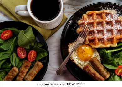 Belgian Waffle Breakfast Served With Sausage Eggs And Coffee