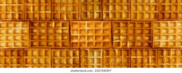 Belgian Waffle Texture Background, Square Waffled Cookie Mockup, Soft Golden Belgium Waffles, Wafer Biscuit Breakfast, Copy Space