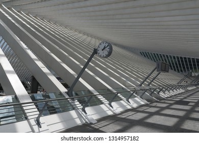 Liège, Belgium, 7 July 2018: Shadows And Lights On Concrete Constructions Of Liège-Guillemins Railway Station 