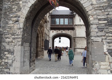 Belgium, Antwerp, May 26, 2022. Entrance of Het Steen, a medieval fortress in the Belgian city of Antwerp. Near the river Scheldt. Many tourists, spring, May.                               