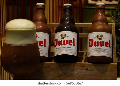 Belgium, Brussels December 2016 Set Of Three Belgian Beer Bottles Made Of Chocolate