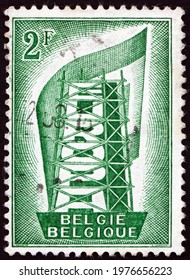 BELGIUM - CIRCA 1956: A Stamp Printed In Belgium Dedicated To Rebuilding Europe, The Coperation Among The Six Countries Comprising The Coal And Steel Community, Circa 1956