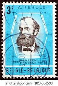 BELGIUM - CIRCA 1966: A Stamp Printed In Belgium Shows August Friedrich Kekule (1829-1896), And Benzene Ring, Was A German Organic Chemist And Chemistry Profesor At University Of Ghent, Circa 1966