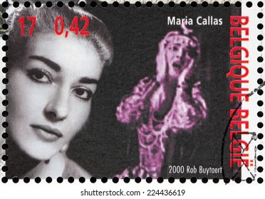 BELGIUM - CIRCA 2000: A stamp printed by BELGIUM shows image portrait of famous American born Greek soprano and one of the most renowned and influential opera singers Maria Callas, circa 2000.