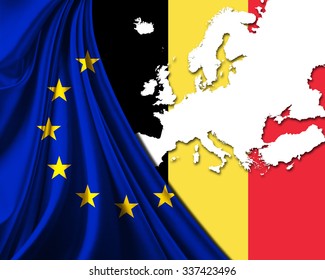 belgium and european union flag with europe map background