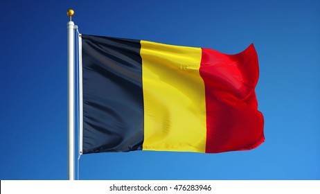Belgium flag waving against clean blue sky, close up, isolated with clipping mask alpha channel transparency