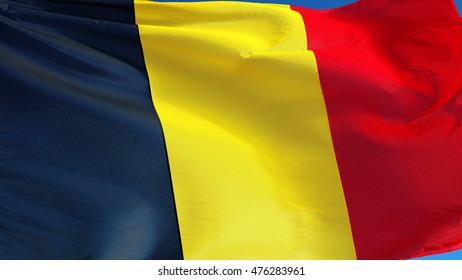 Belgium Flag Waving Against Clean Blue Sky, Close Up, Isolated With Clipping Mask Alpha Channel Transparency