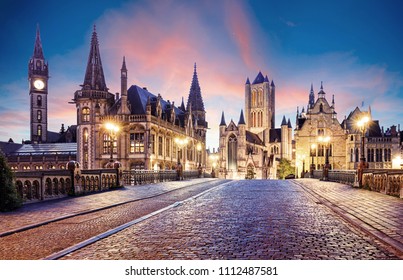 Belgium historic city Ghent at sunset