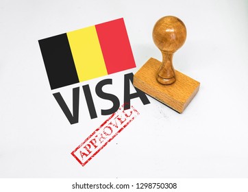Belgium Visa Approved with Rubber Stamp and flag