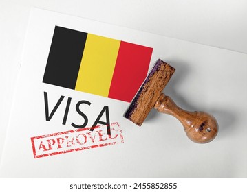 Belgium Visa Approved with Rubber Stamp and flag 