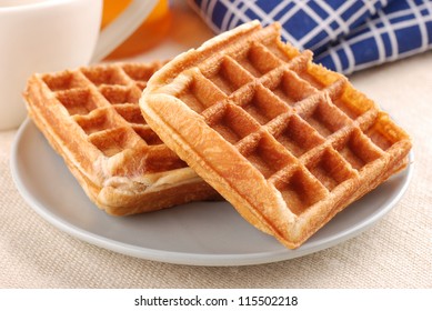 Belgium Waffles For Breakfast On The Plate