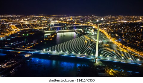 Belgrade Aerial View With Bridge In Night Time.