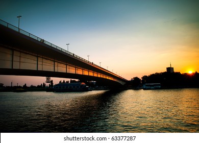 Belgrade Bridge Over River Sava At Sunset