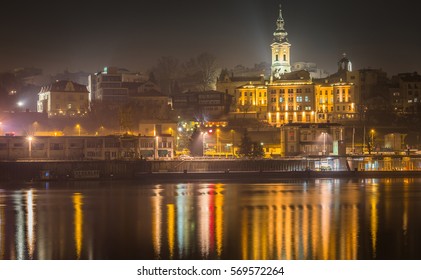 Belgrade At Night From The River Sava. View On The Centar Of City Belgrade And Saborna Church By Night