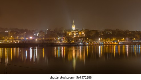 Belgrade At Night From The River Sava. View On The Centar Of City Belgrade And Saborna Church By Night