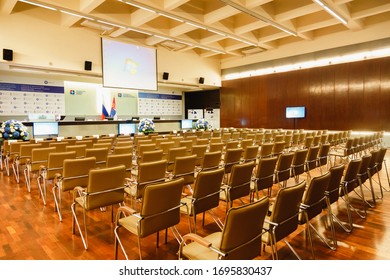 Belgrade, Serbia - 8 September, 2018: Chamber Of Commerce And Industry Of Serbia Big Congress Conference  Hall Prepared To An International Event For Big Audence.