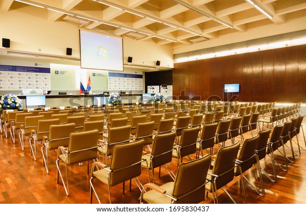 Belgrade, Serbia - 8 September,\
2018: Chamber of Commerce and Industry of Serbia big congress\
conference  hall prepared to an international event for big\
audence.
