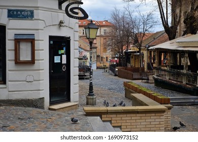 Belgrade, Serbia - April 1 2020: Skadarlija Street, A Bohemian Part Of Belgrade, Empty Due To Corona Virus Pandemic, Curfew And Social Distancing