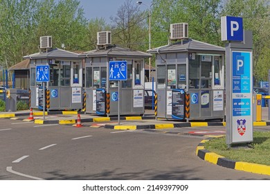 Belgrade, Serbia - April 13, 2018: Entry To Public Parking Lot With Pay Kiosks Cabins At Ada Recreation Lake.