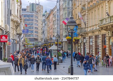 Belgrade, Serbia - April 17, 2022: People Walking At Knez Mihailova Street Pedestrian Zone In Capital City Centre At Spring Day.