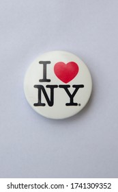 BELGRADE, SERBIA - APRIL 28, 2020: I love NY logo on a badge. This logo basis of an advertising campaign used since 1977 to promote tourism in the state of New York.