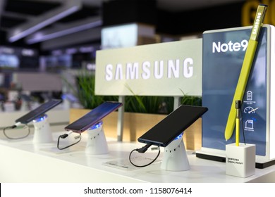 Belgrade, Serbia - August 14, 2018: Samsung Galaxy Note 9 Smartphone is shown on retail display in electronic store. Brand logo in the background.
