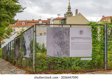 Belgrade, Serbia - August 28, 2021: Ruins Of Old Public Library Foundations And Aerial Map Show Damage From Bombing In WWII Memorial.
