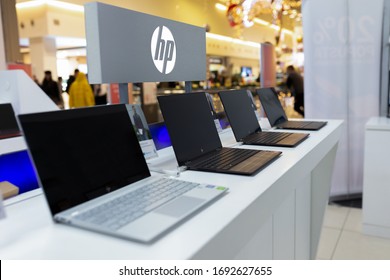 Belgrade, Serbia - December 05, 2019: New HP Laptop Computers Are Shown On Retail Display In Electronic Store.