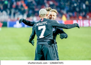 Belgrade, Serbia - December 11, 2018; PSG Players Mbappe And Neymar Celebrating On A UEFA Champions League Match Red Star Vs Paris Saint Germain On December 11, 2018 In Belgrade