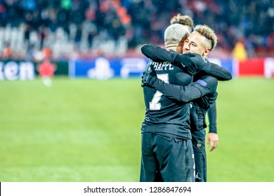 Belgrade, Serbia - December 11, 2018; PSG Players Mbappe And Neymar Celebrating On A UEFA Champions League Match Red Star Vs Paris Saint Germain On December 11, 2018 In Belgrade