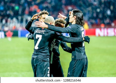 Belgrade, Serbia - December 11, 2018; PSG Players Cavani, Mbappe And Neymar Celebrating On A UEFA Champions League Match Red Star Vs Paris Saint Germain On December 11, 2018 In Belgrade