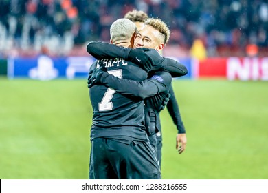 Belgrade, Serbia - December 11, 2018; PSG Players Mbappe And Neymar Celebrating On A UEFA Champions League Match Red Star Vs Paris Saint Germain On December 11, 2018 In Belgrade